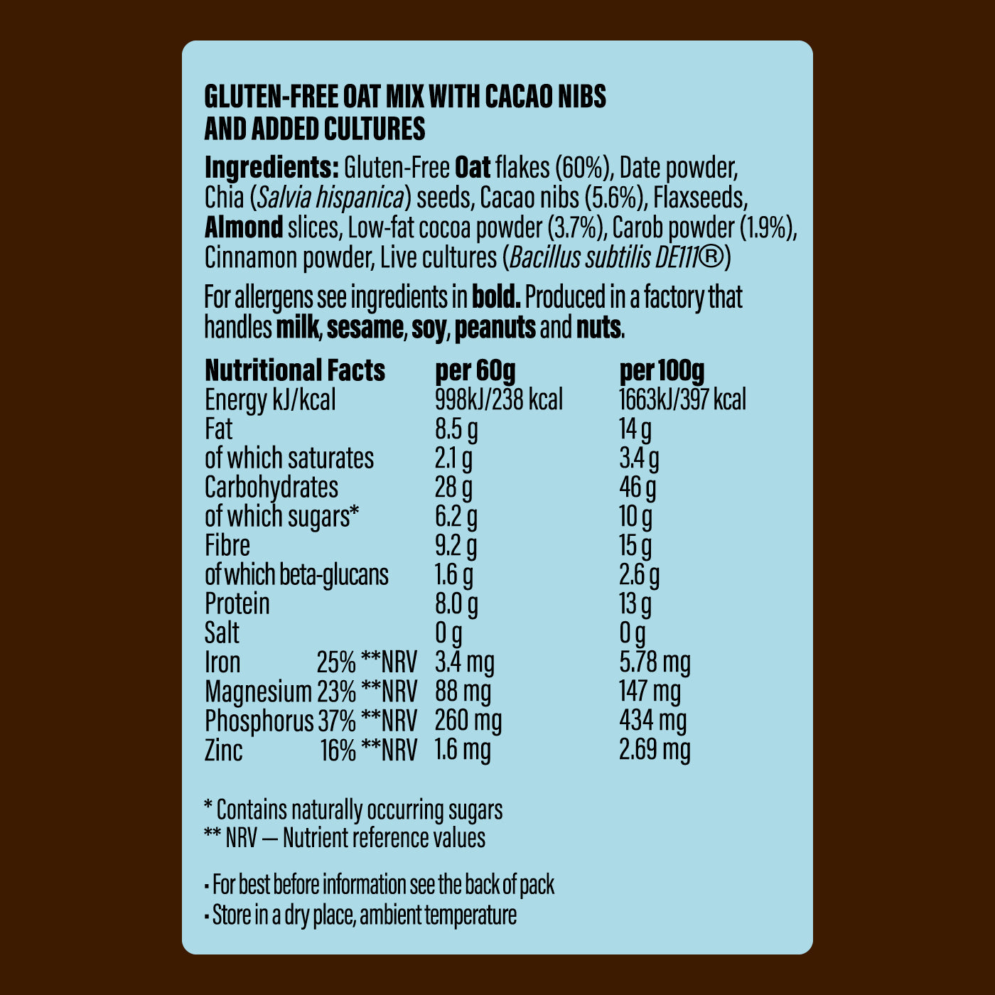 Nutritional label for gluten-free oat cult overnight gut oats with cacao nibs and added cultures on a brown background