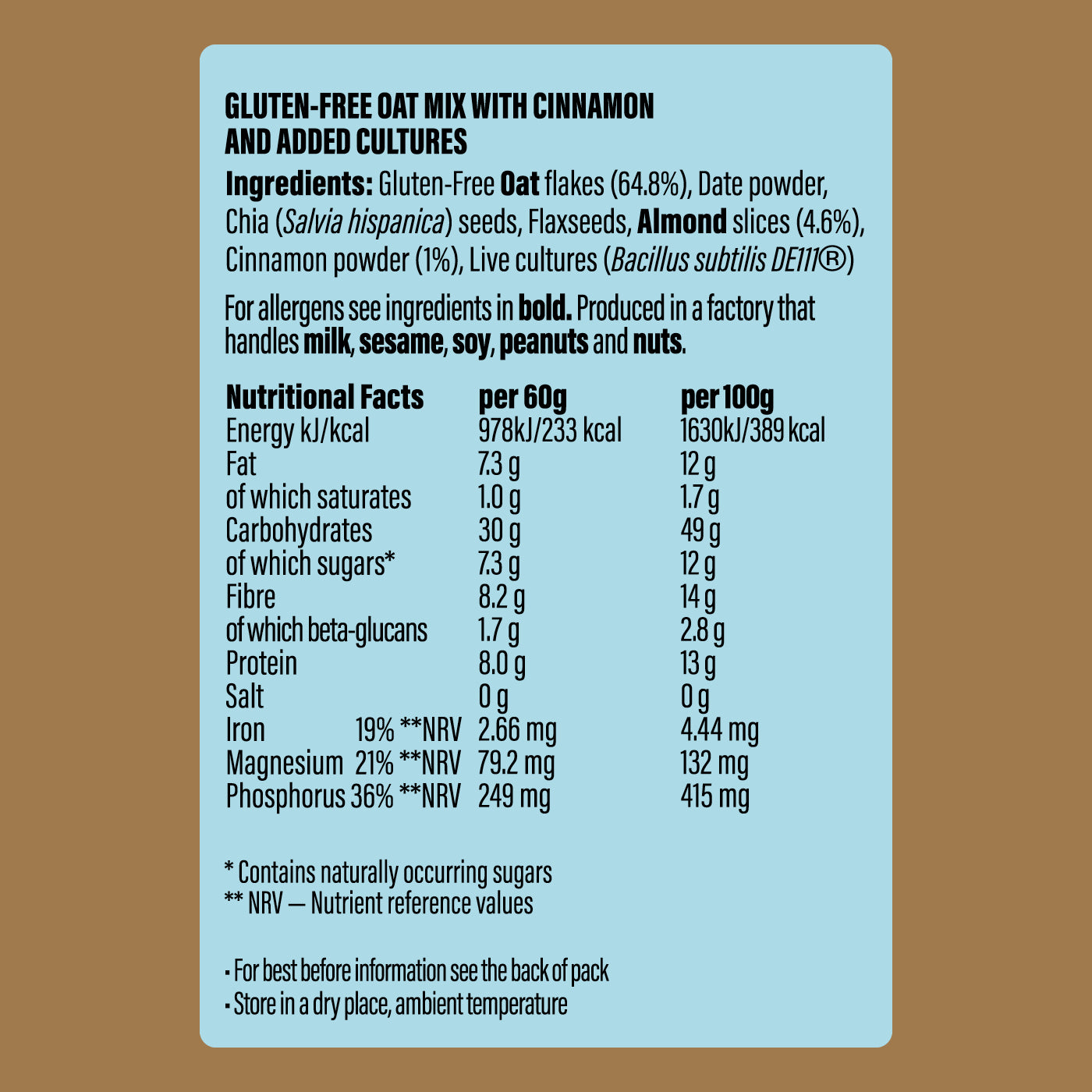 Nutritional label for gluten-free oat cult overnight gut oats with cinnamon and added cultures on a beige background