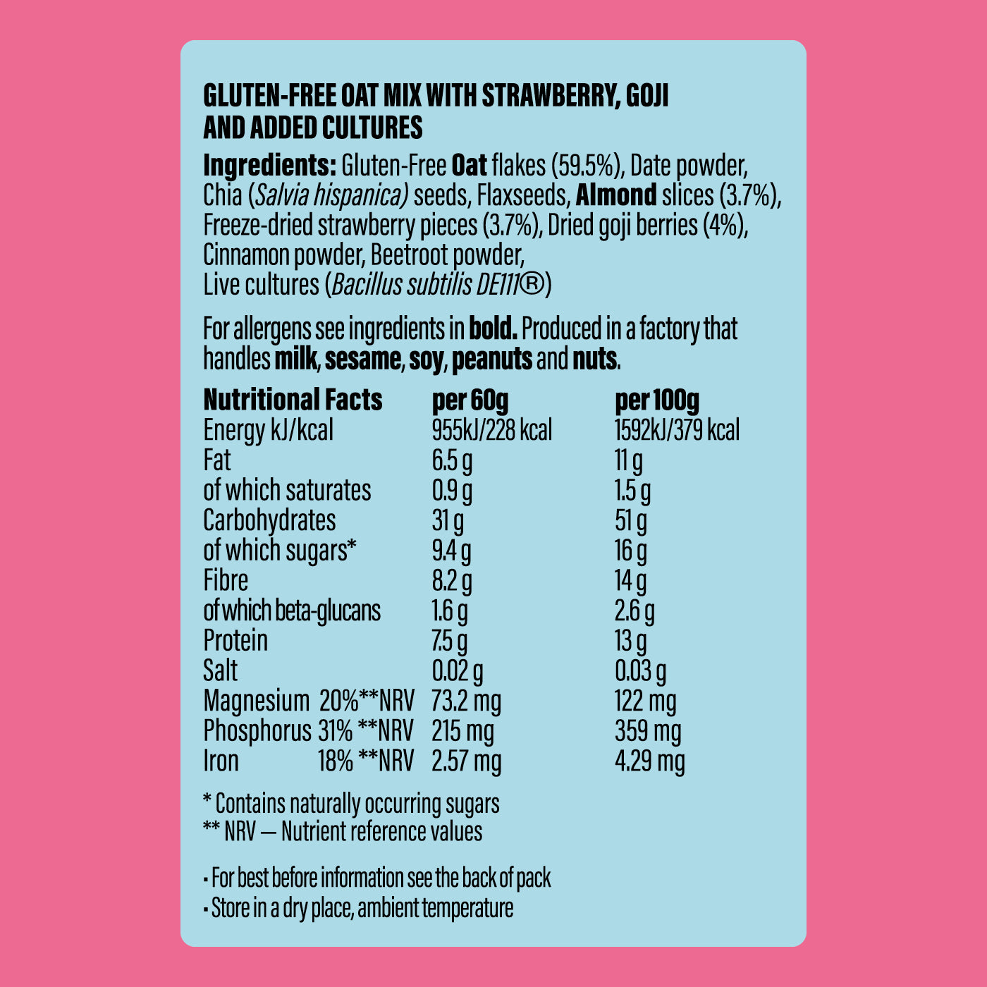 Nutritional label for gluten-free oat cult overnight gut oats with strawberry goji and added cultures on a pink background