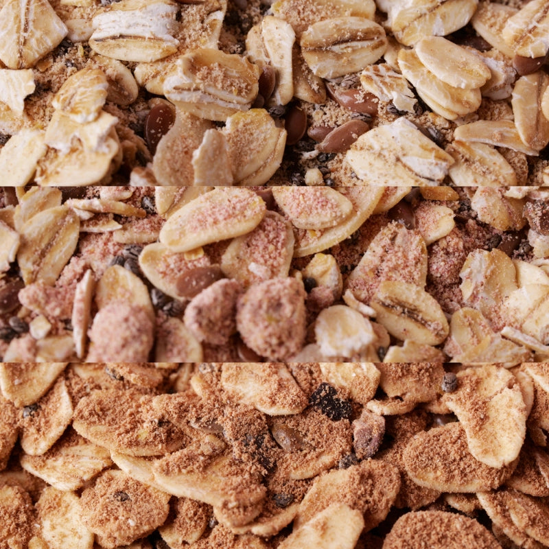 Close-up of a oat cult overnight oats various flavours textures and colors.