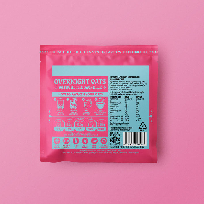Package of oat cult overnight gut oats strawberry goji ingredients with a pink background